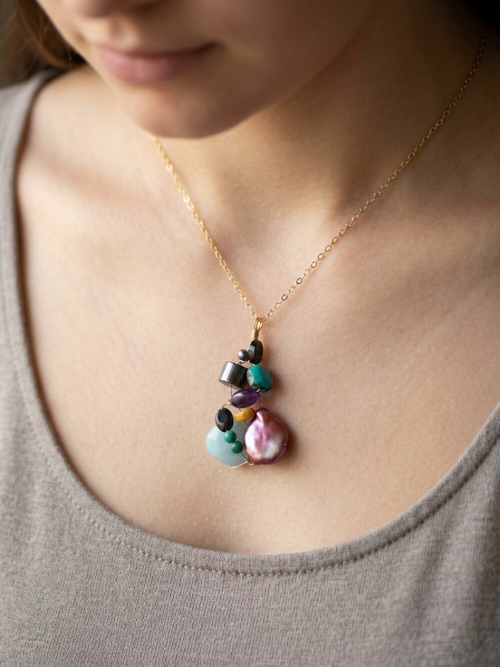 NWT 18" OOAK, 14KT GF Assorted Gemstones Cluster Pendant Necklace Jewelry - Picture 1 of 2